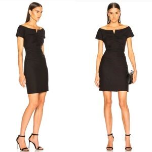 Helmut Lang little black dress wide neck ruched cap sleeve wool blend mini sz 0